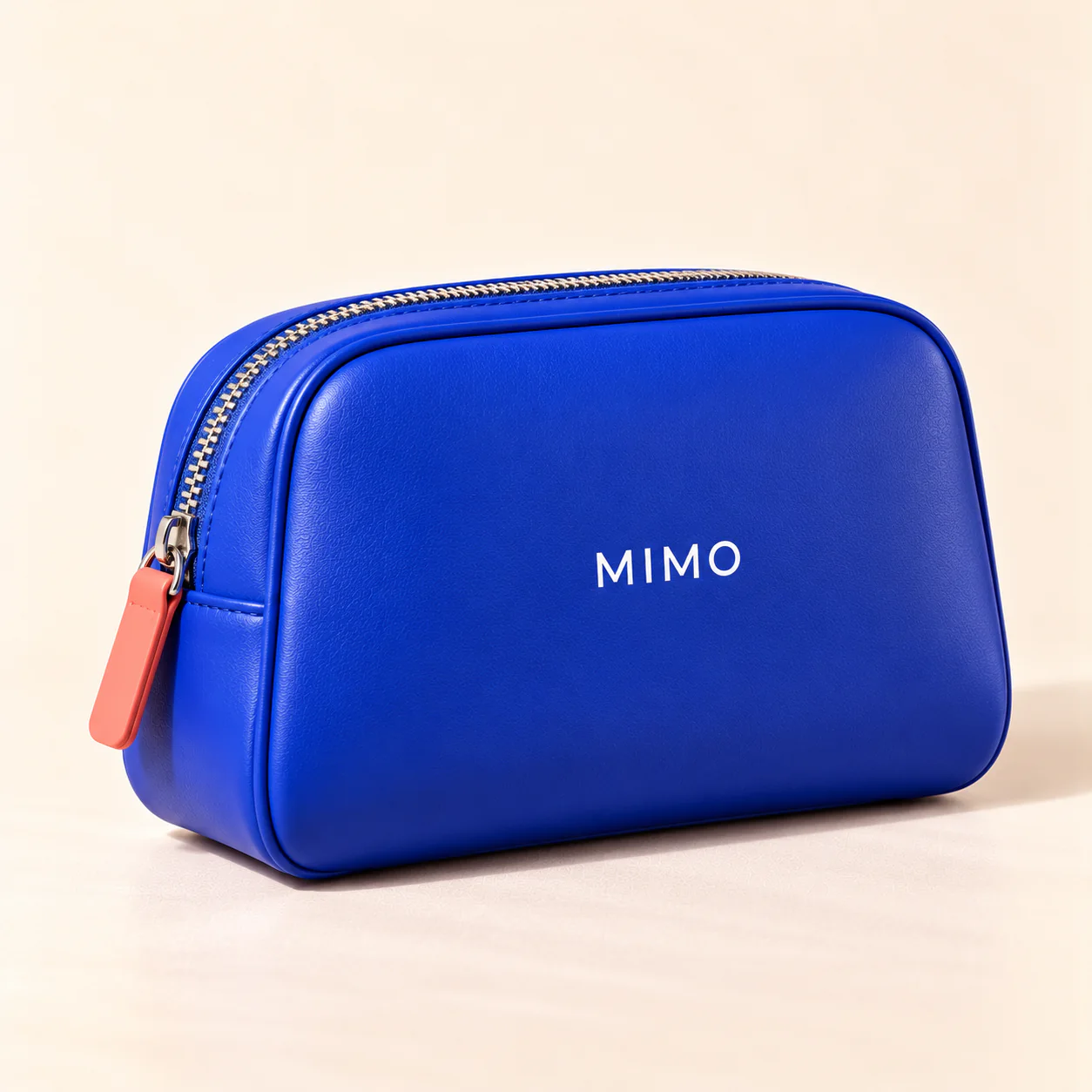 กระเป๋าใส่เครื่องสำอาง MIMO สีน้ำเงิน ห่วงซิปสีปะการัง พร้อมโลโก้ MIMO